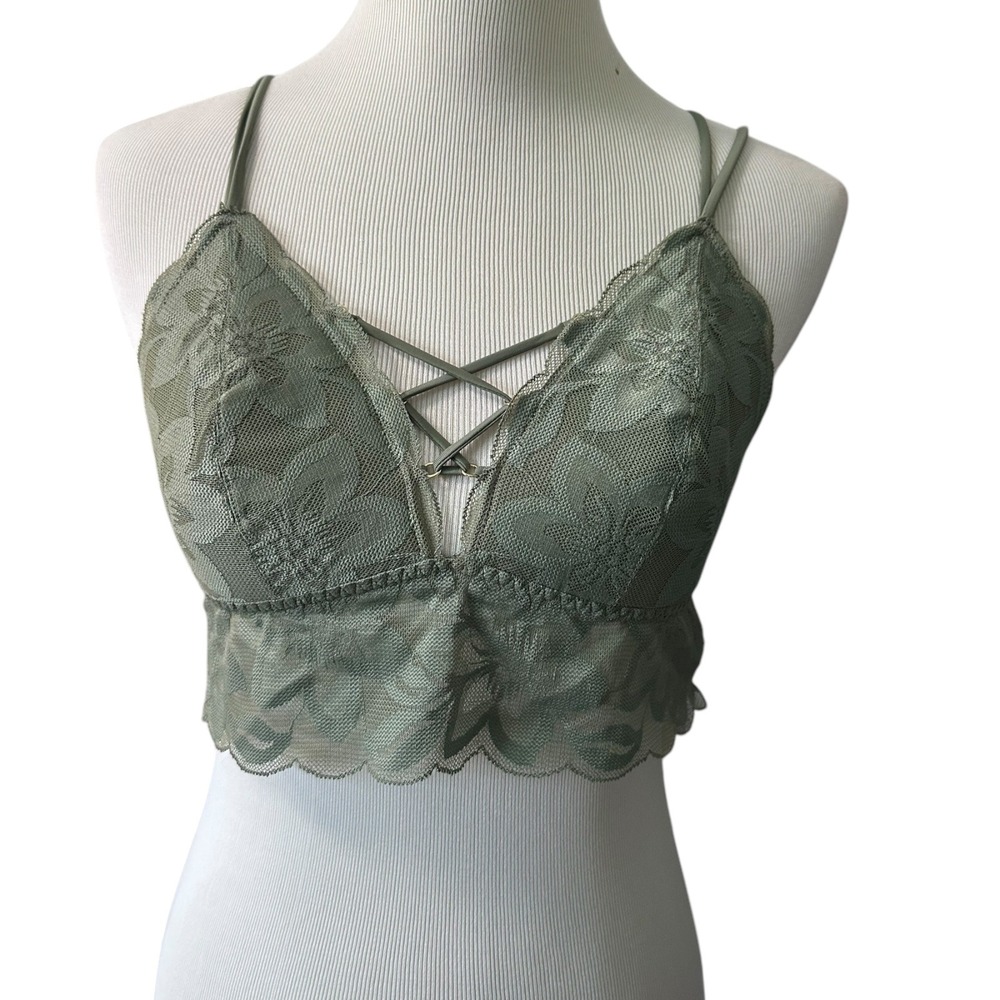 PINK Lace Bralette Criss Cross Back‎ Olive Green L